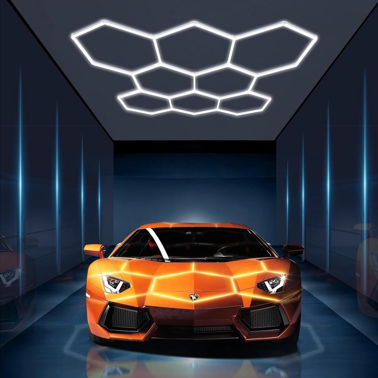 Custom Bezel Blue Red Auto Detailing Workshop Lighting 110-240V LED Hexagonal Ceiling Lights Garage Honeycomb Lights
