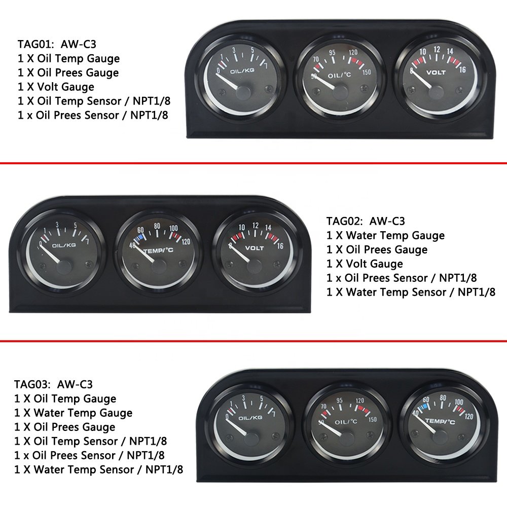52mm Triple Kit Oil Temp Gauge + Water Temp Gauge + Oil Pressure Gauge or Volt Meter with Sensor 3in1 Car Meter PQY-TAG01/02/03