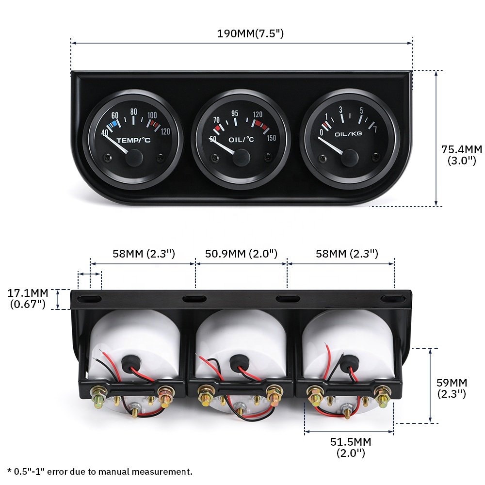 52mm Triple Kit Oil Temp Gauge + Water Temp Gauge + Oil Pressure Gauge or Volt Meter with Sensor 3in1 Car Meter PQY-TAG01/02/03