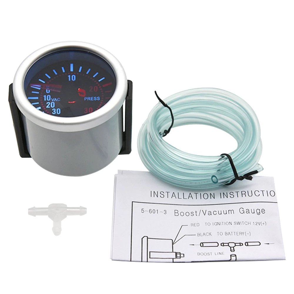 Universal 12V Auto Car 52mm Smoke Len Pointer Boost Gauge -1~0~2 BAR Boost Meter White LED -30~0~30 PSI Tachometer