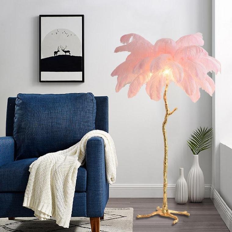 Large Modern Copper White/Green/Black/Pink/Blue Luxury Standing Feather Lamp Feather Floor Lamp Lighting for Home