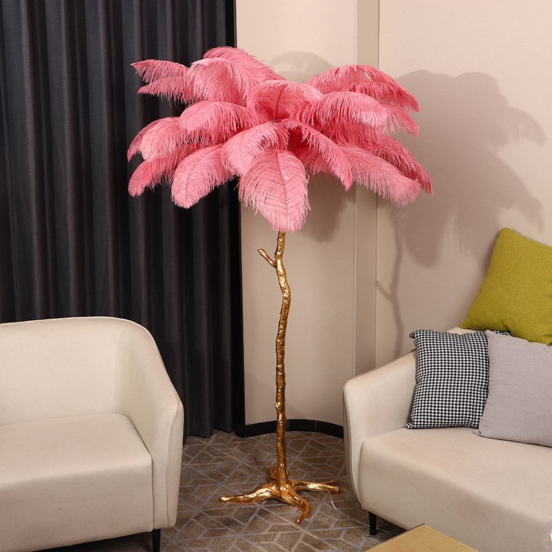 Large Modern Copper White/Green/Black/Pink/Blue Luxury Standing Feather Lamp Feather Floor Lamp Lighting for Home