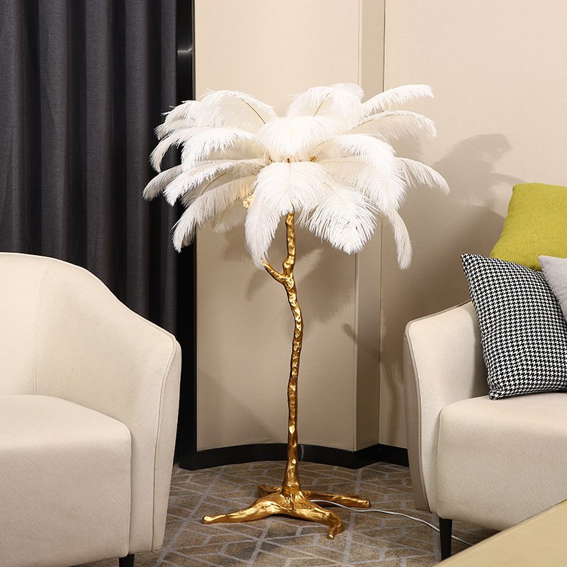 Large Modern Copper White/Green/Black/Pink/Blue Luxury Standing Feather Lamp Feather Floor Lamp Lighting for Home