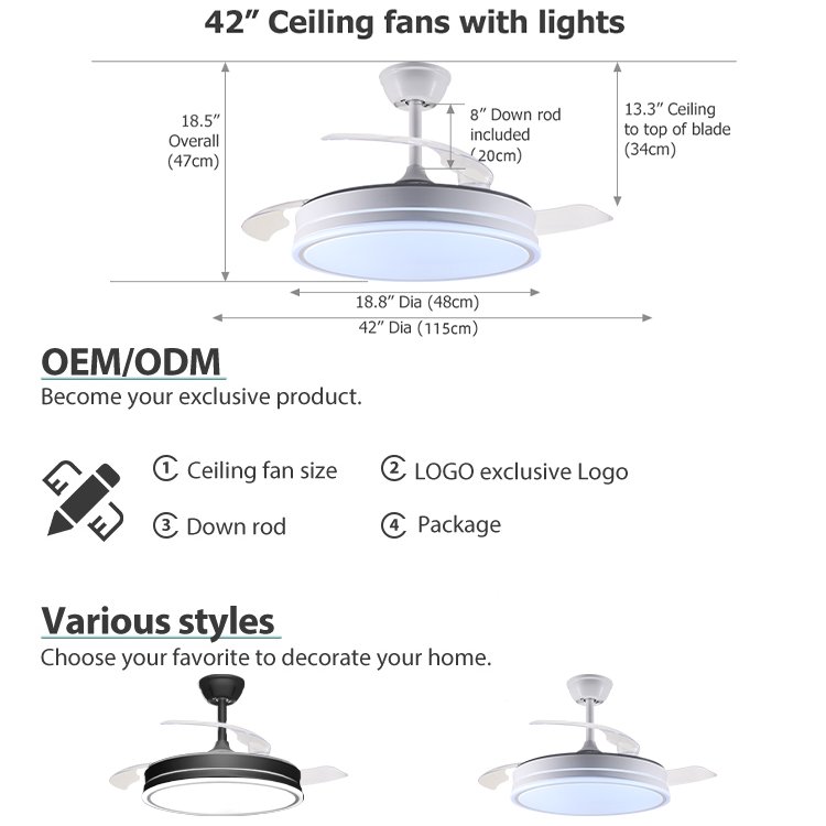 Simple Classic All Copper Moto Dimmable Fan Lamp Smart Retractable Invisible LED Chandelier Fan Ceiling Fan Light