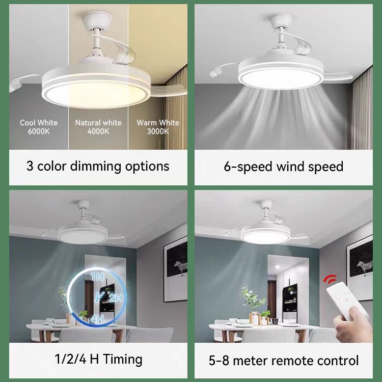 Simple Classic All Copper Moto Dimmable Fan Lamp Smart Retractable Invisible LED Chandelier Fan Ceiling Fan Light