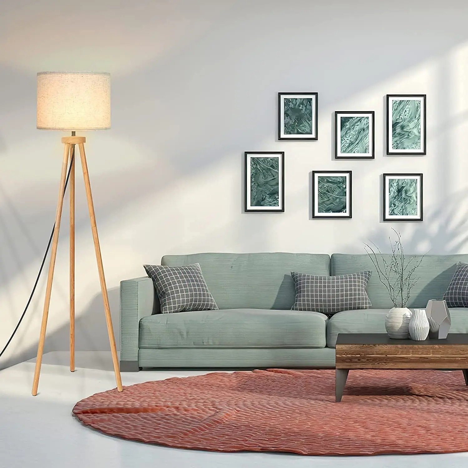Nordic Wooden Three Frame Hotel Living Room, Bedside LED Floor Lamp, Linen Lampshade, Minimalist Modern Floor Lamp