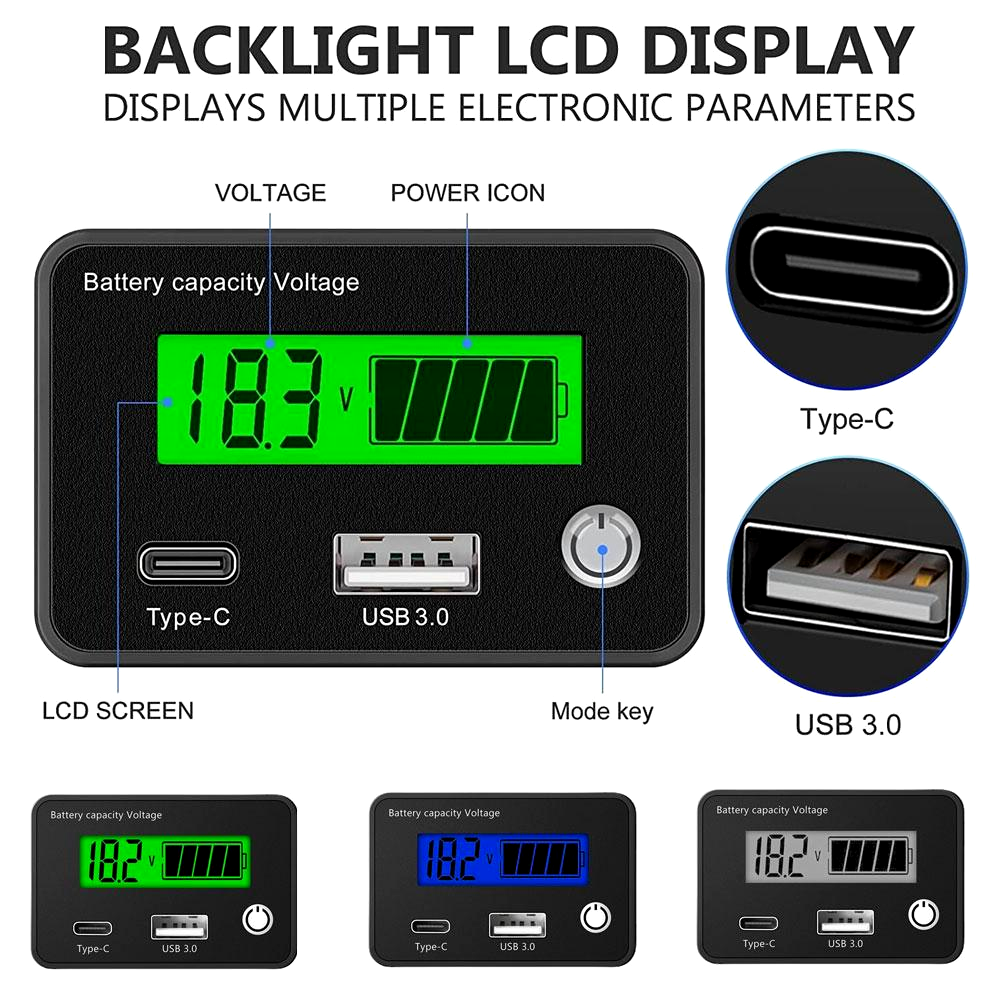 12V/24V Digital Voltmeter Display Table DC8-30V Lead Acid Lithium Battery Capacity Indicator Car Digital Battery Capacity Tester