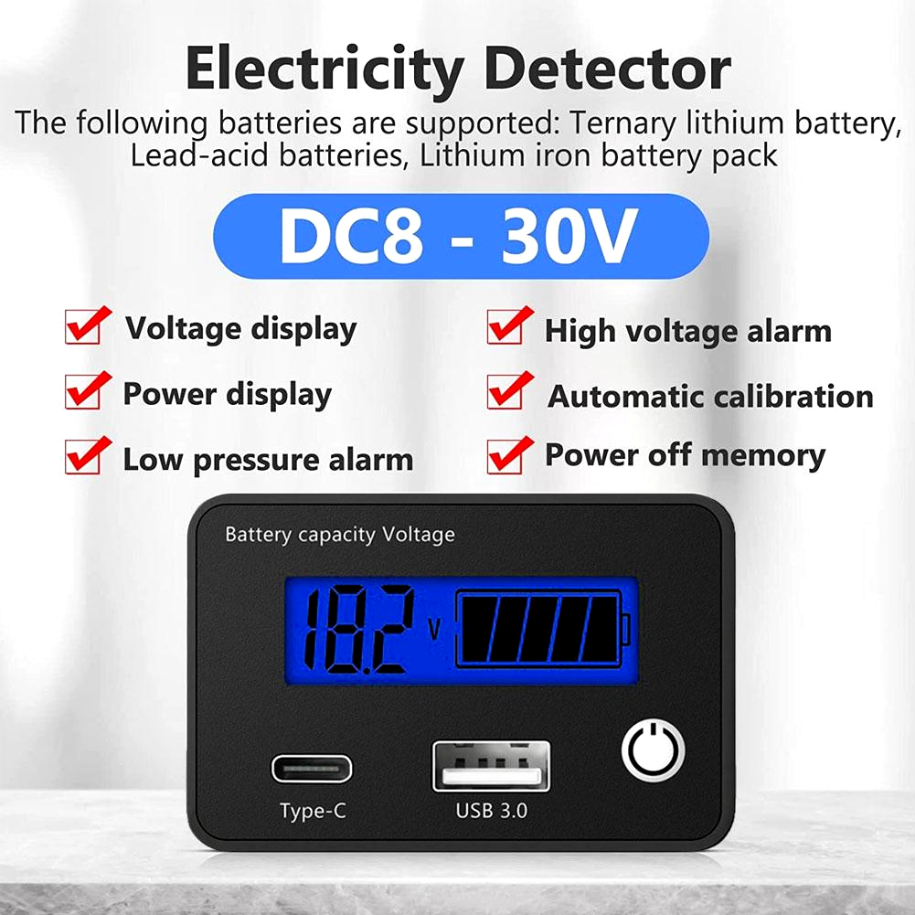 12V/24V Digital Voltmeter Display Table DC8-30V Lead Acid Lithium Battery Capacity Indicator Car Digital Battery Capacity Tester