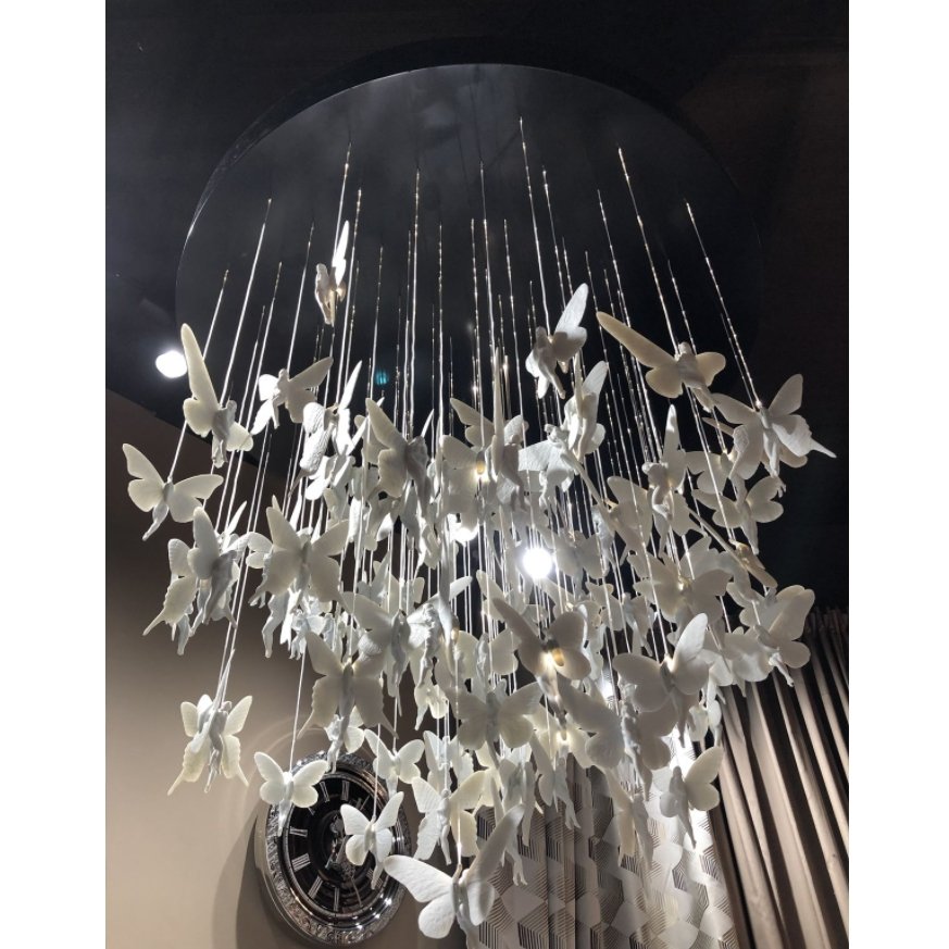 Cafe Creative Long E14 Pendant Hanging Lamp Hotel Dining Room Long Staircase butterfly Light White Ceramic Chandelier