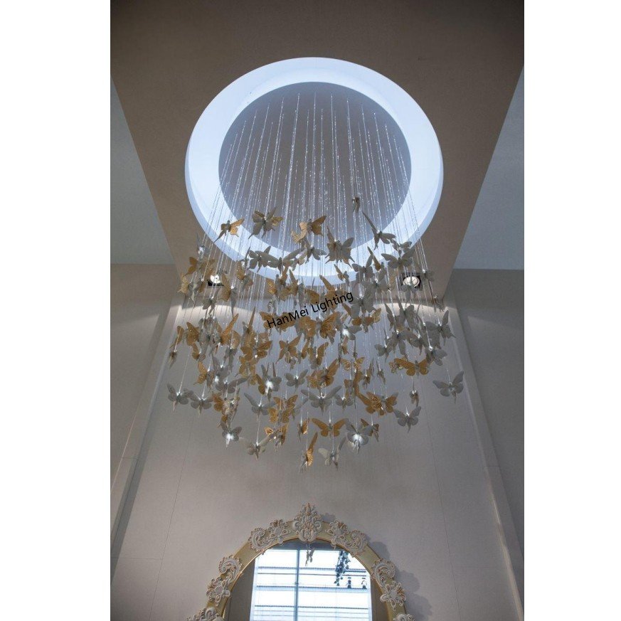 Cafe Creative Long E14 Pendant Hanging Lamp Hotel Dining Room Long Staircase butterfly Light White Ceramic Chandelier