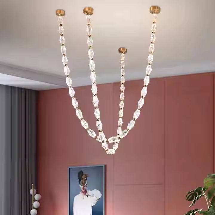 Custom Project Hotel Ball Led Hanging Lamp Atmosphere Elegant Circle Ceiling Lamp Long String Crystal Chandelier Pendant Light