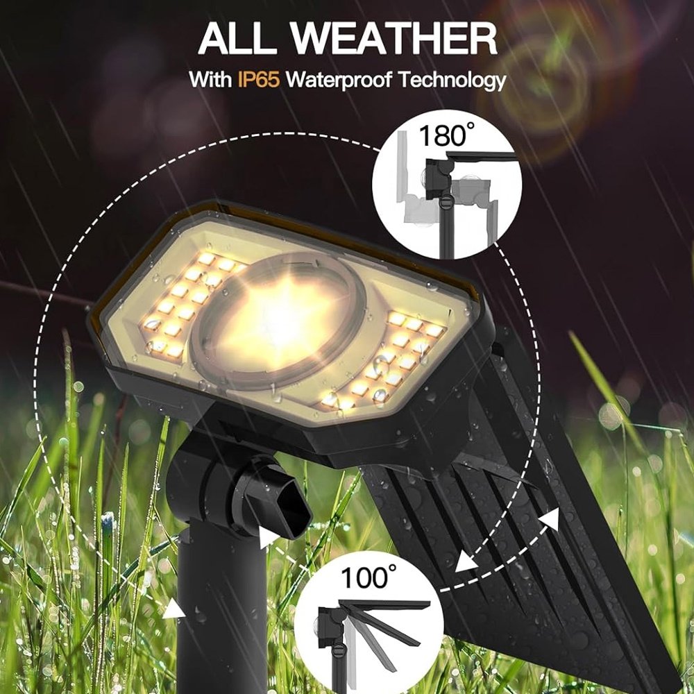 Solar Spotlight 3000K Landscape LED Outdoor Lawn Garden Lights IP65 Waterproof Pole Light for Yard Tree Lighting With Stake