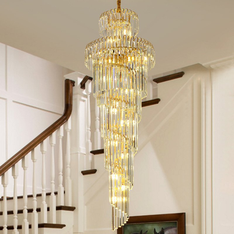 Modern Staircase Long Villa Chain Hanging Lighting Home Decor Gold Crystal Chandelier Lamp
