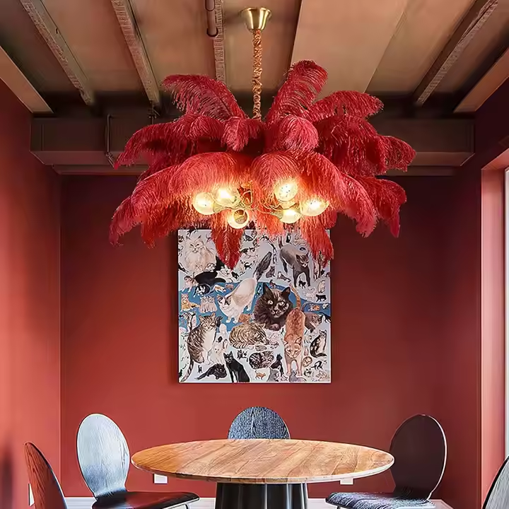 Romantic Hanging Pendant Lamp Black White pink Ostrich Green Feather Shaped Foyer Large Ostrich Feathered Chandelier Light