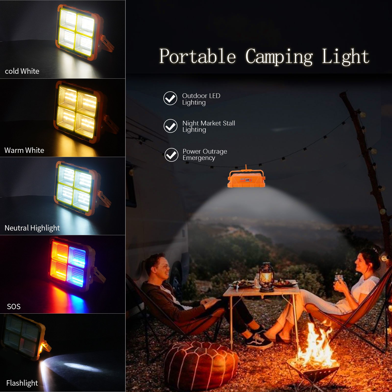 Rechargeable LED Flood Light Power Bank Flashlight IP66 USB Charging Outdoor Camping Fishing Emergency Solar Handheld Light