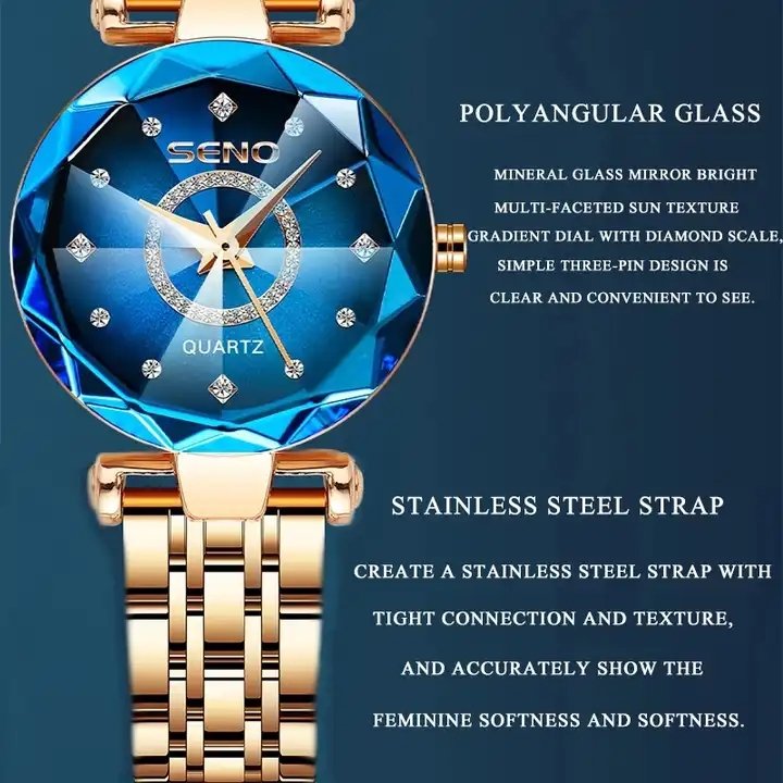 SENO 2024 Top Brand Luxury Wrist Watch Ocean Star Women Crystal Watch Rose Gold Women Bracelet Watch for Ladies Relogio Feminino