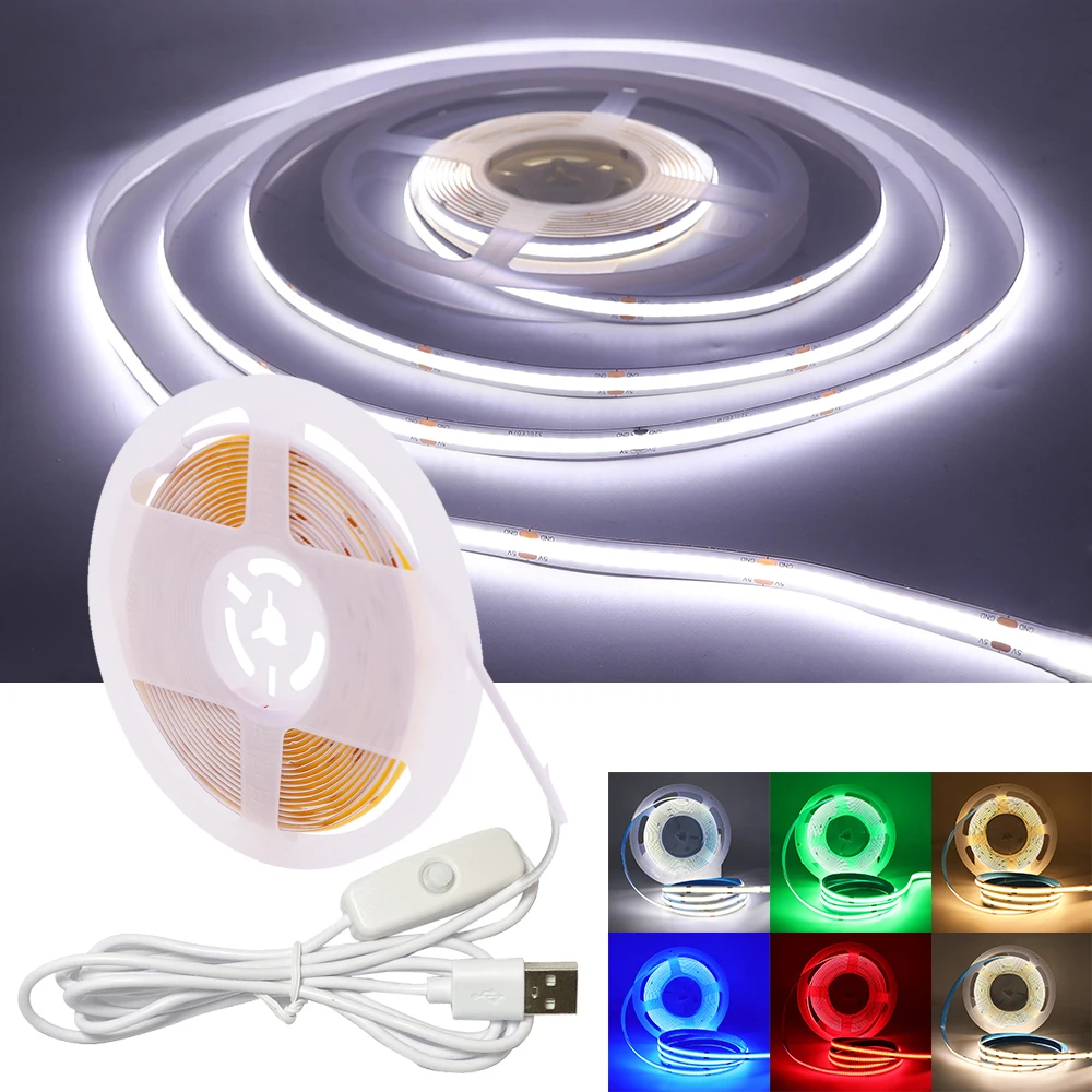 Hot Sales DC 5V USB On/off Switch COB Led Strip Lights Rope Light with Usb Plug Cob Dimmable Led Strip