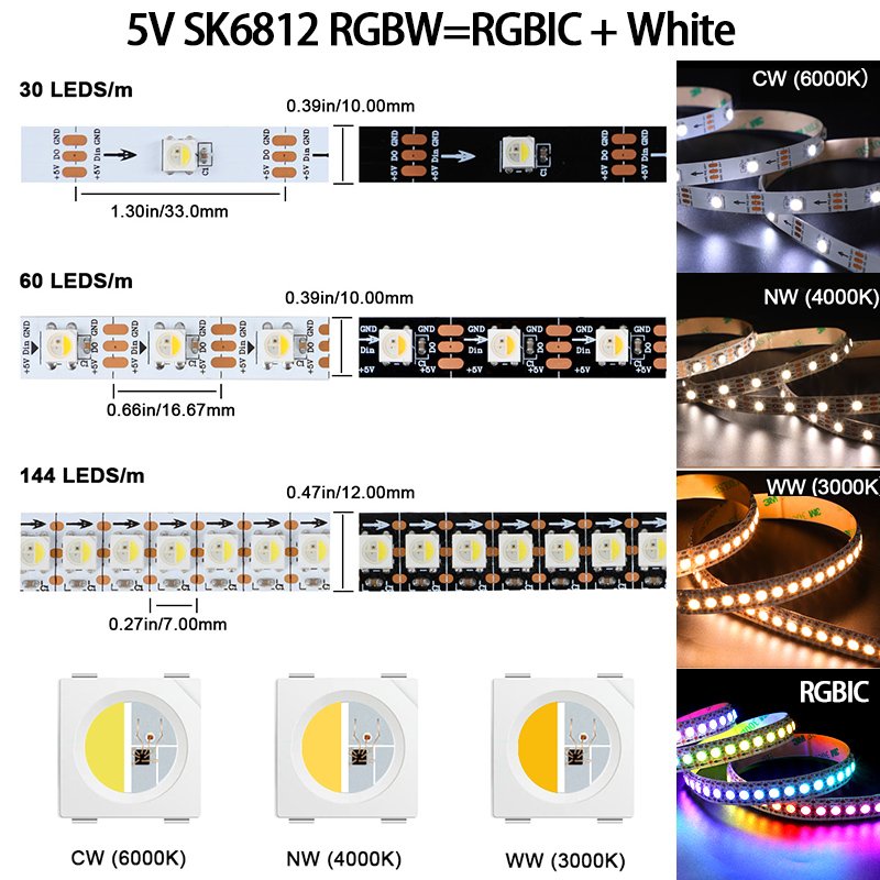 DC5V SK6812 RGBW Addressable RGBW Programmable LED Tape 60 144 LED SK6812 RGBW LED Strip