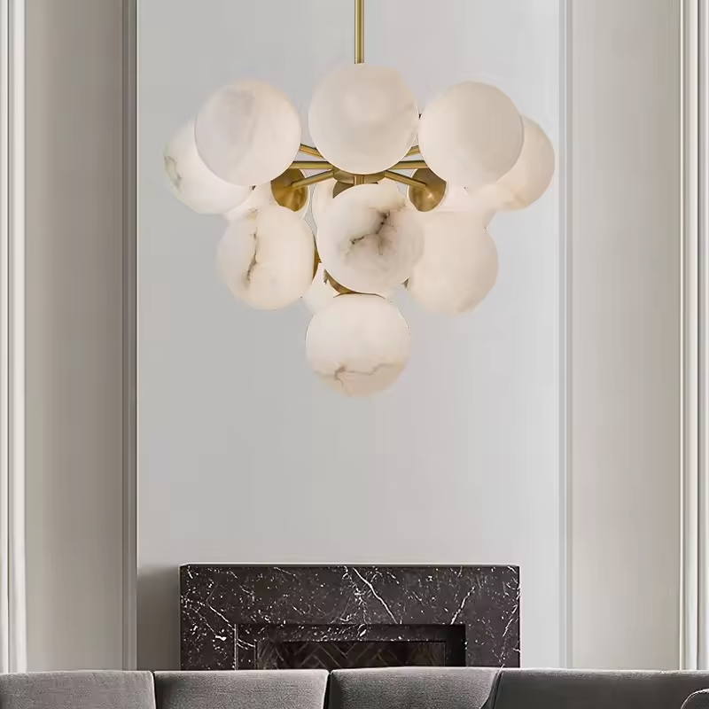 Spanish Full Copper Luxury Alabaster Dining Room Pendant Light Modern Minimalist Room Restaurant Marble Ball Chandelier