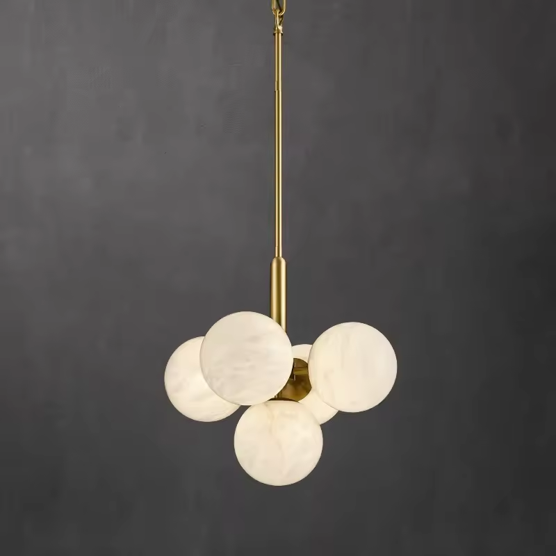 Spanish Full Copper Luxury Alabaster Dining Room Pendant Light Modern Minimalist Room Restaurant Marble Ball Chandelier