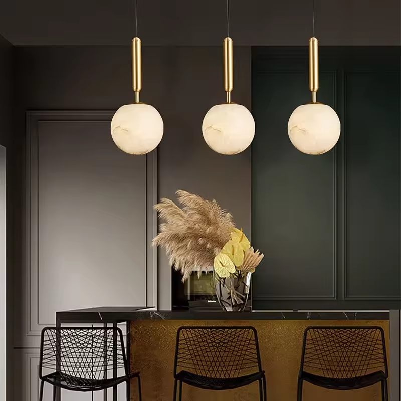 Spanish Full Copper Luxury Alabaster Dining Room Pendant Light Modern Minimalist Room Restaurant Marble Ball Chandelier