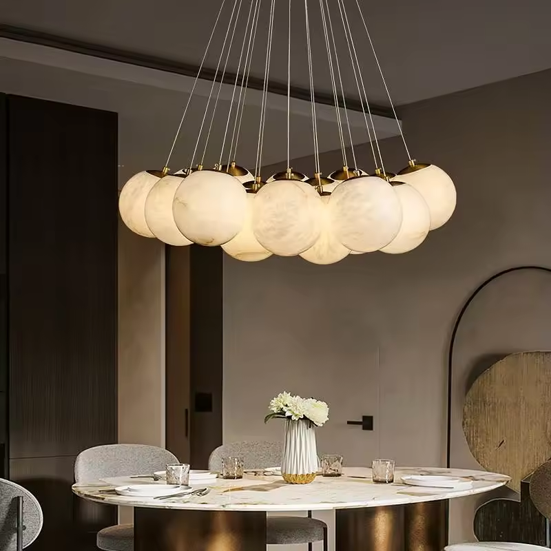 Spanish Full Copper Luxury Alabaster Dining Room Pendant Light Modern Minimalist Room Restaurant Marble Ball Chandelier
