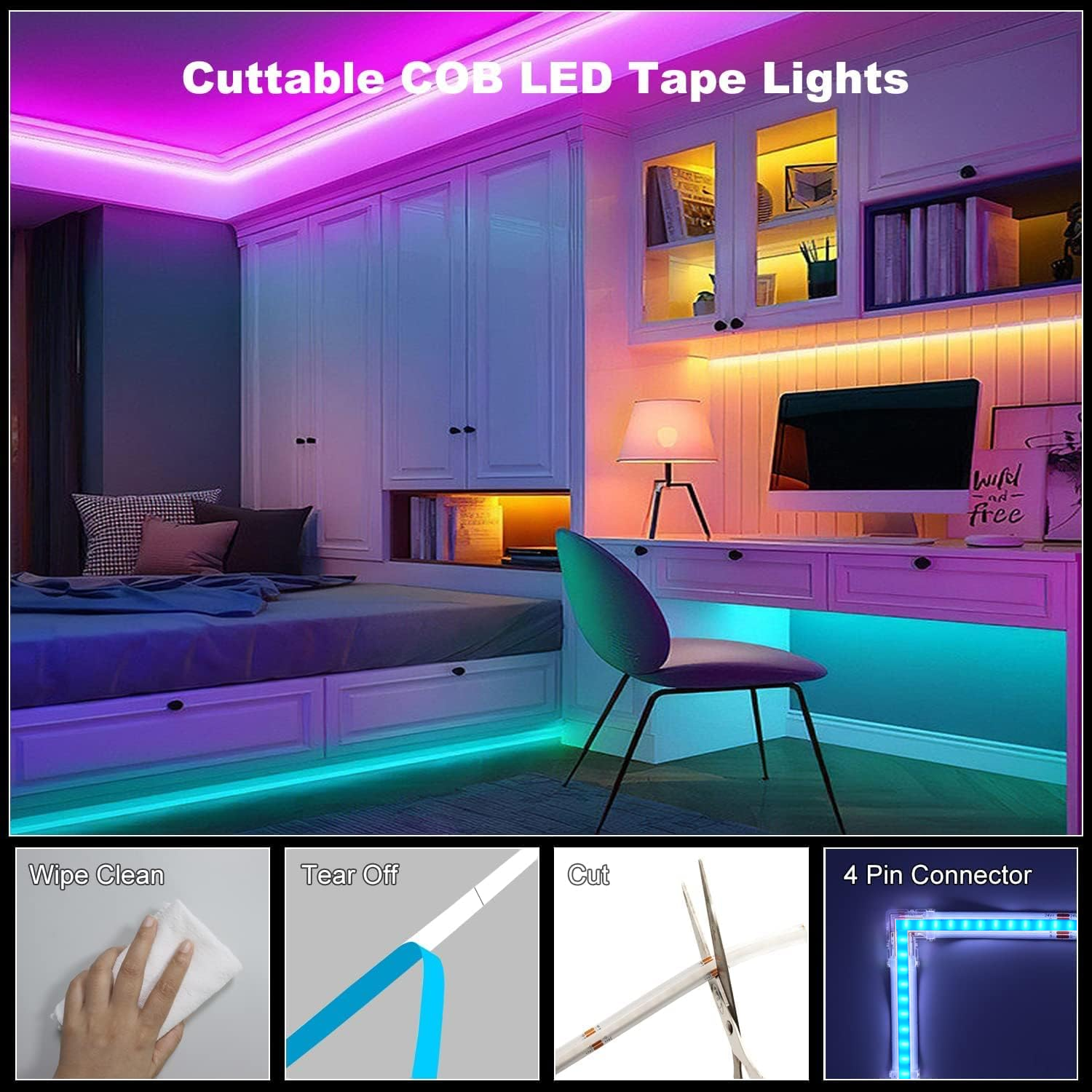 Feican Remote Controlled 24v RGB COB Smart Strip Light 3000 4200 6500k CRI80 Cob Led Strip