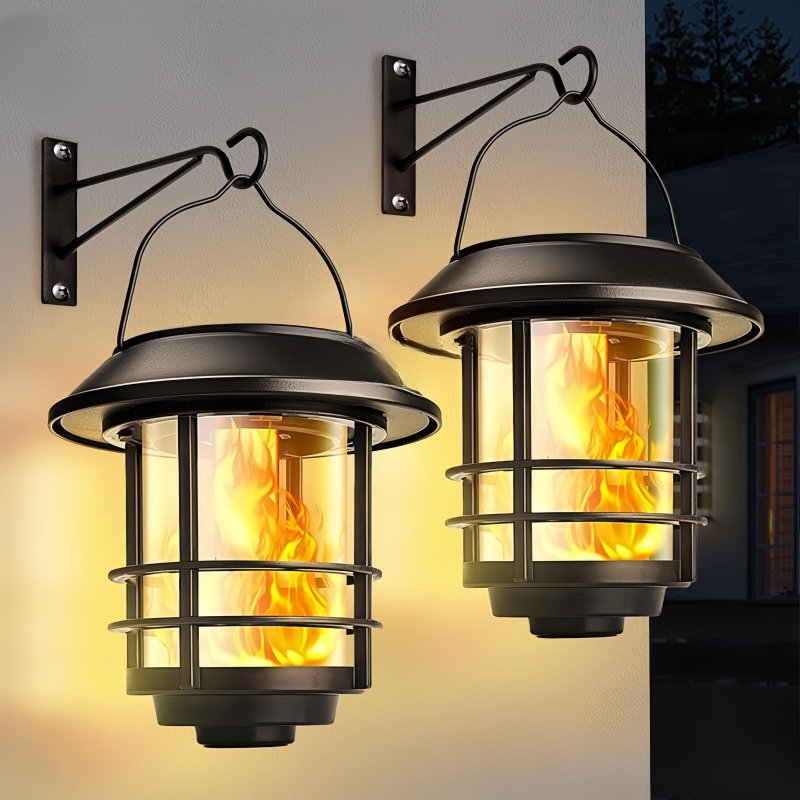 Outdoor LED Meta Waterproof Solar Wall Mounted Lamp Solar Hanging Lantern Light Flame Lamp for Patio Yard Backyard