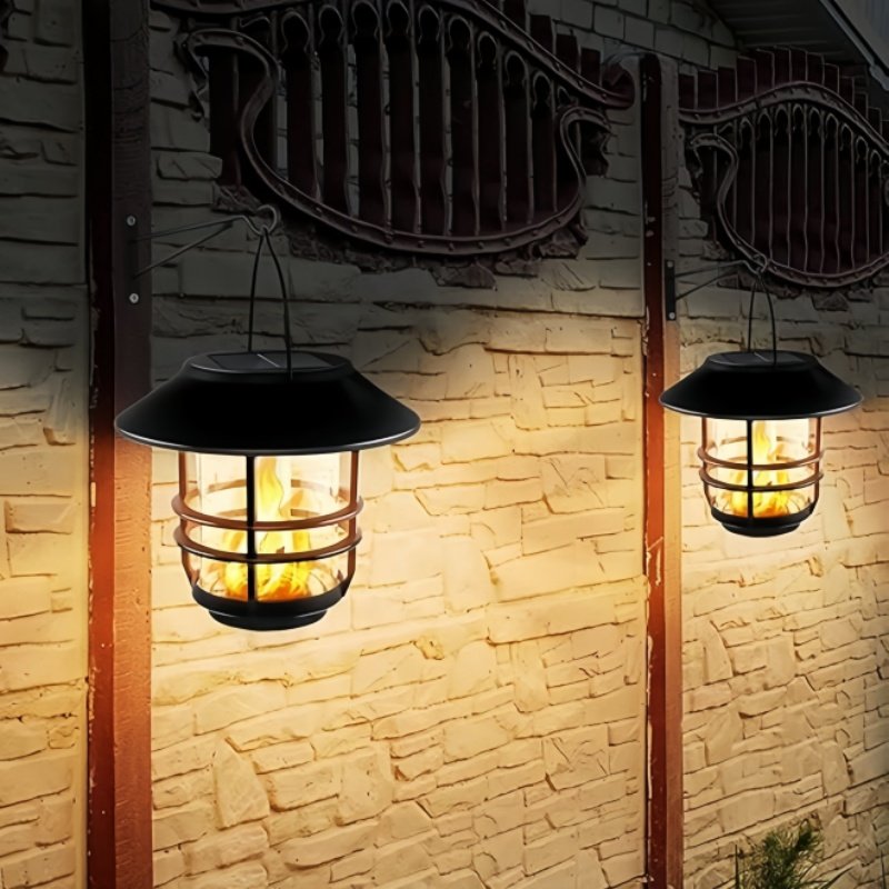 Outdoor LED Meta Waterproof Solar Wall Mounted Lamp Solar Hanging Lantern Light Flame Lamp for Patio Yard Backyard