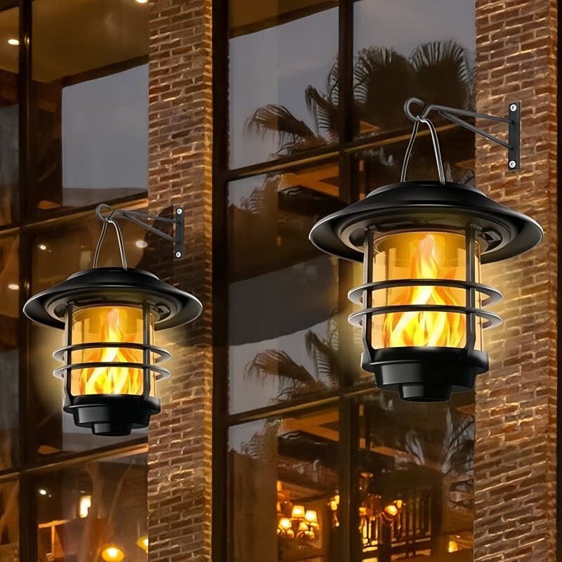 Outdoor LED Meta Waterproof Solar Wall Mounted Lamp Solar Hanging Lantern Light Flame Lamp for Patio Yard Backyard