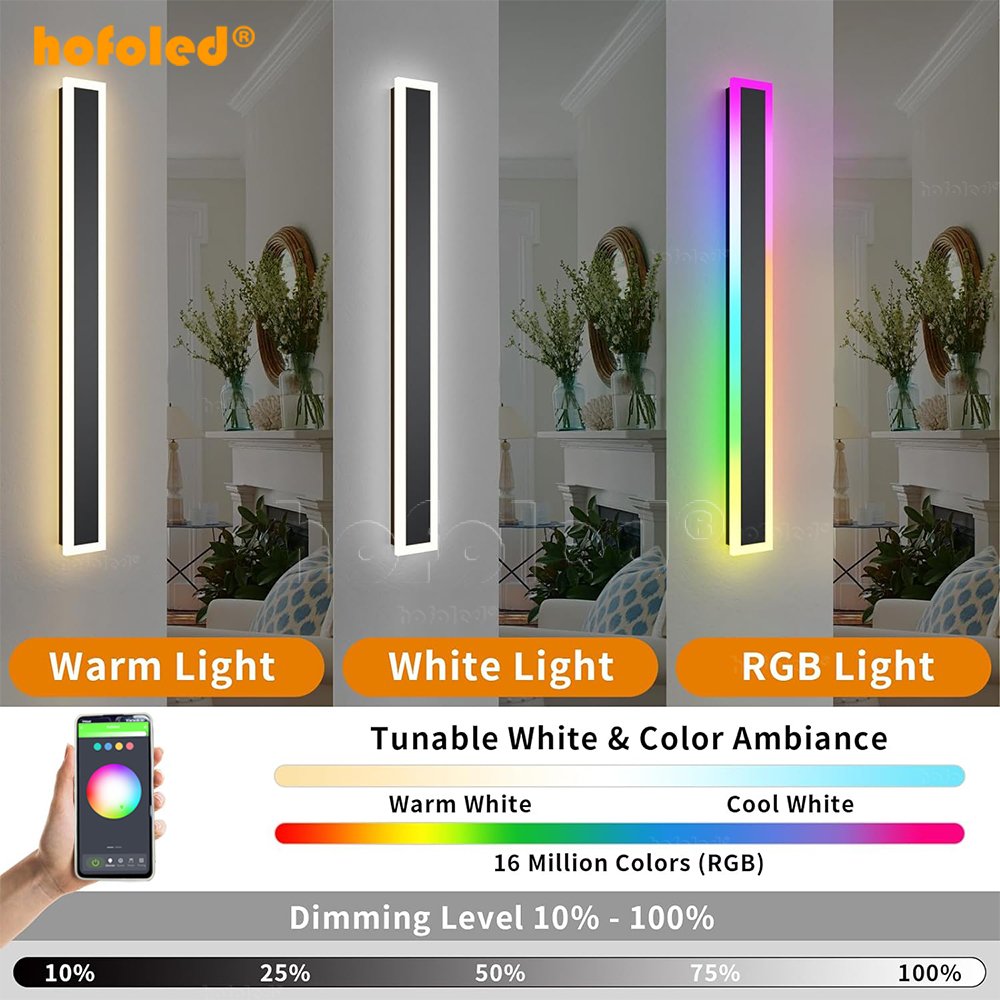 Outdoor up and Down Wifi APP Control Exterior Sconces Linear Wall Lamp Fixture RGB Long Wall Light for Porch Patio Garage Garden