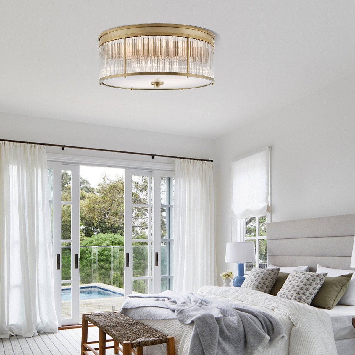 American Style Comfortable Bedroom Study Lighting Fixtures Ceiling Lamp Modern Round Brass Glass Ceiling Lights