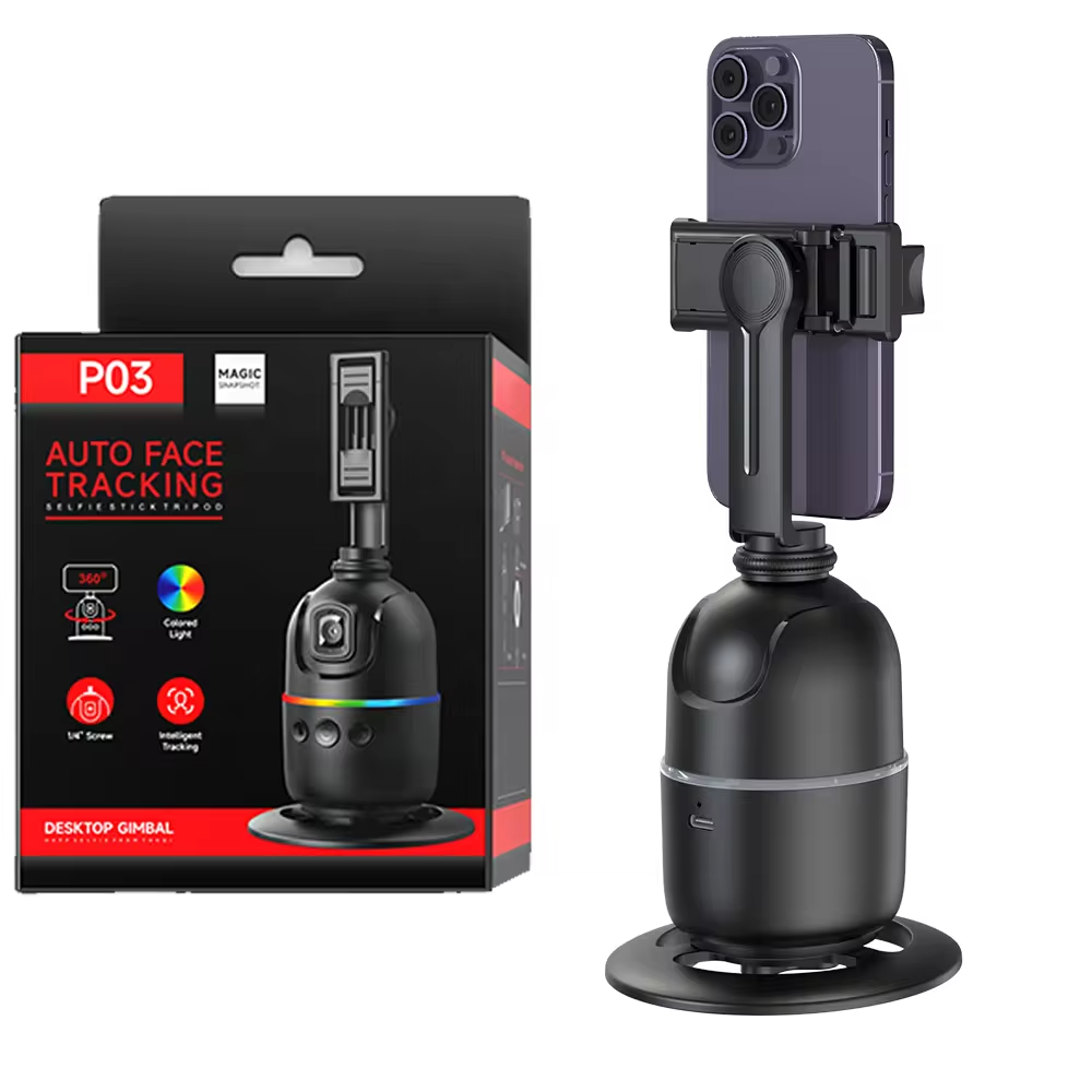 Face Tracking Hands Gesture Control Gimbal P03 360 Ai Auto Face Tracking Gimbal With Rgb Light No App Needed for Vlog