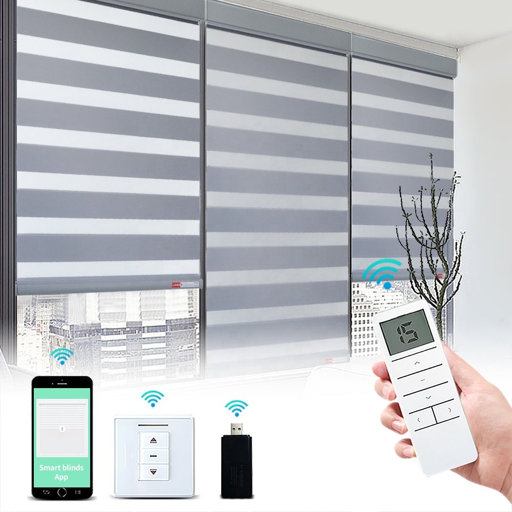 Motorized Blackout Zebra Shades Electric Remote Zebra Blinds AC DC Roller Rainbow Blinds for Window