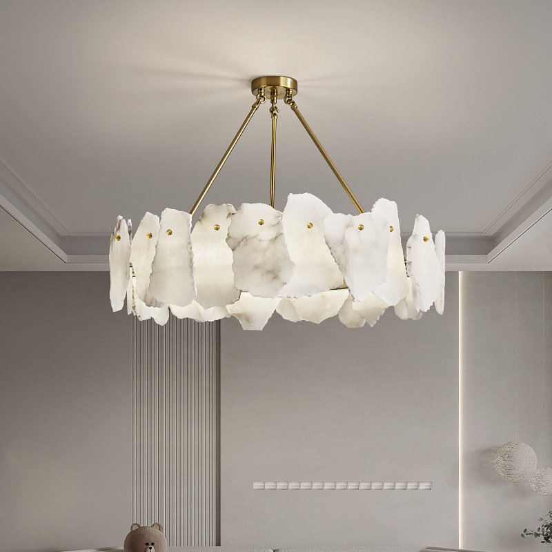 Luxury Round Natural Marble Stone LED Hinging Lamp Living Room Alabaster Chandelier for Staircase Bedroom Pendant Light