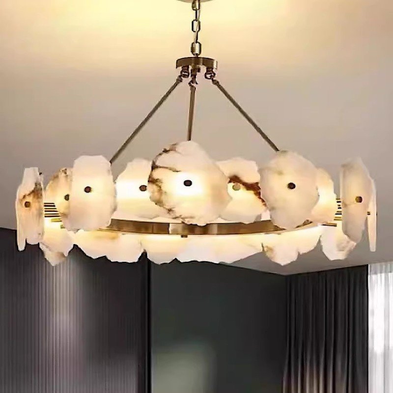 Luxury Round Natural Marble Stone LED Hinging Lamp Living Room Alabaster Chandelier for Staircase Bedroom Pendant Light