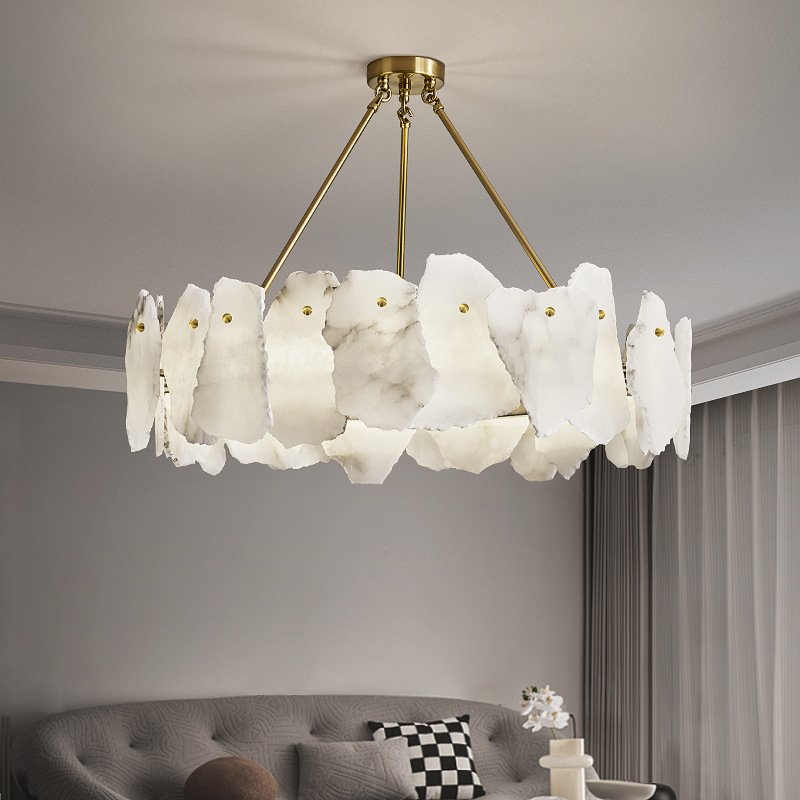 Luxury Round Natural Marble Stone LED Hinging Lamp Living Room Alabaster Chandelier for Staircase Bedroom Pendant Light