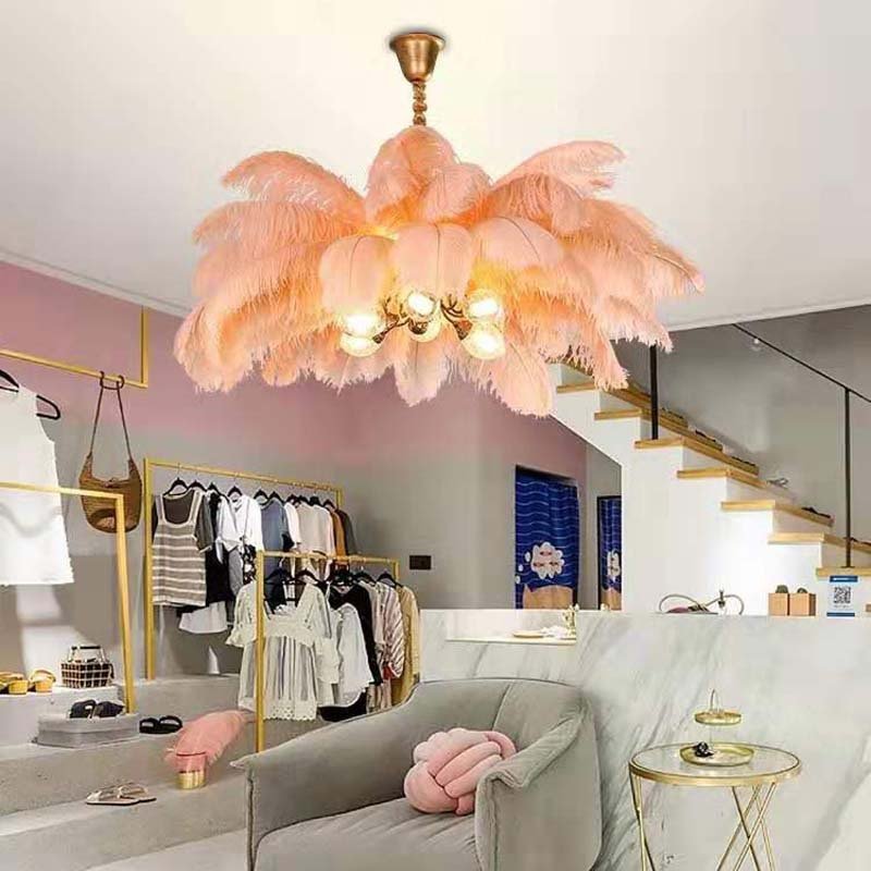 Fluffy Feather Brown Pendant Lights 120cm Art Ostrich Feather Chandelier Diameter 48inch Decorative Ceiling Lamp