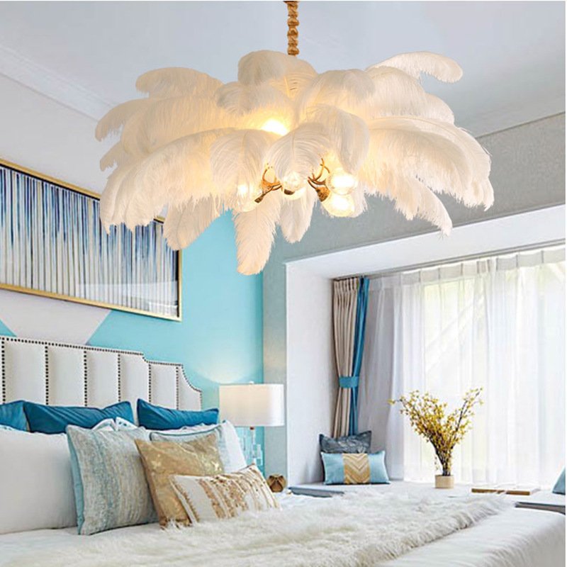 Fluffy Feather Brown Pendant Lights 120cm Art Ostrich Feather Chandelier Diameter 48inch Decorative Ceiling Lamp
