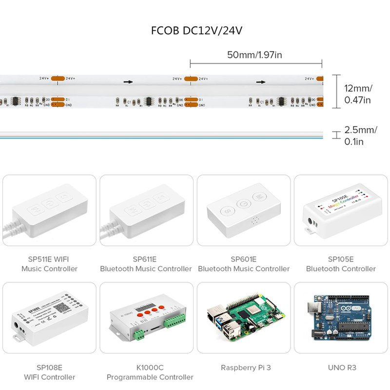 SPI2811 8mm 10mm Rgb Cob Led With Landscape Decorative Color Rgb Cob Led Strip Bluetooth/Wifi 12v/24v