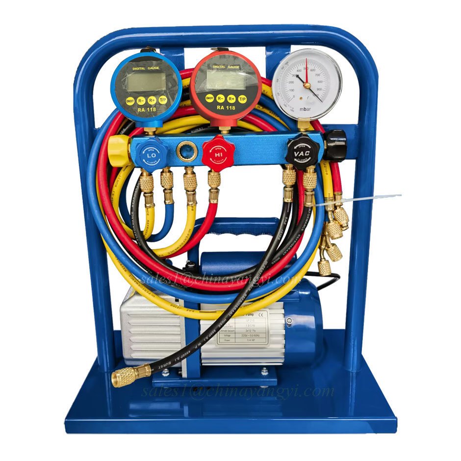 Dual Stage 2CFM Vacuum Pump 5 Valve Manifold Gauge Vacuum Meter Air Conditioner Refrigerant Filling Charging Automotive Industry