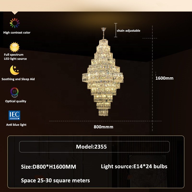 Custom Indoor Decoration Hotel Stair Wedding Luxury Pendant Lamp China Led Crystal Chandelier