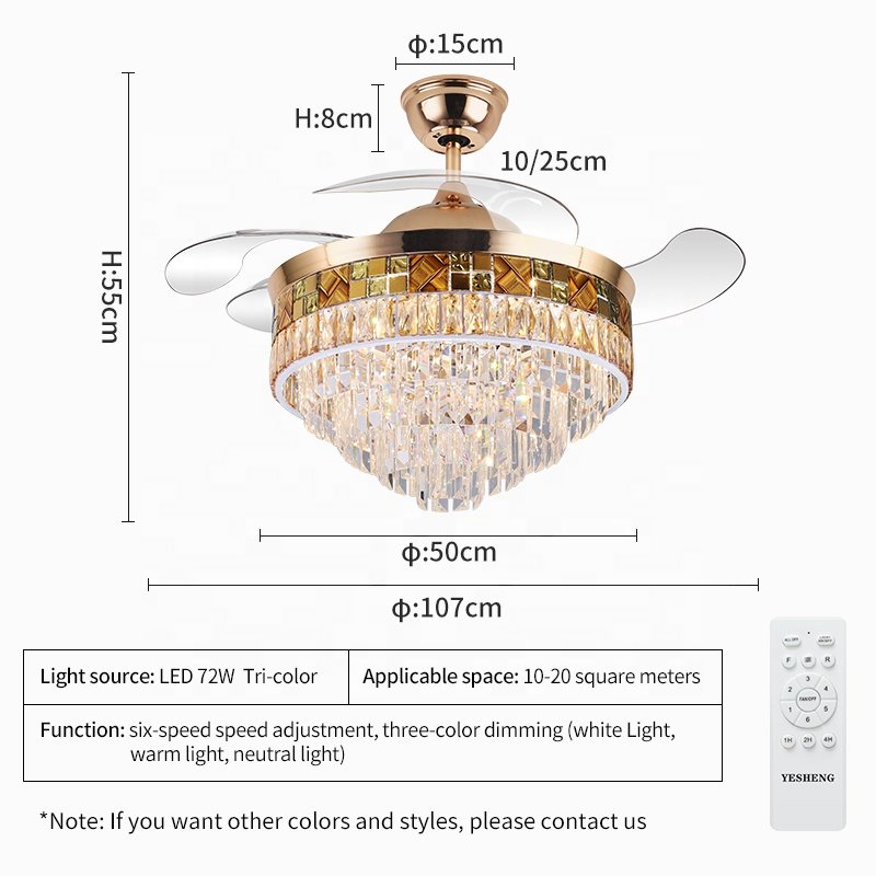 Y109 Crystal Chandelier Fan with 42inch with Remote Control Ceiling Fans with Crystal Chandeliers