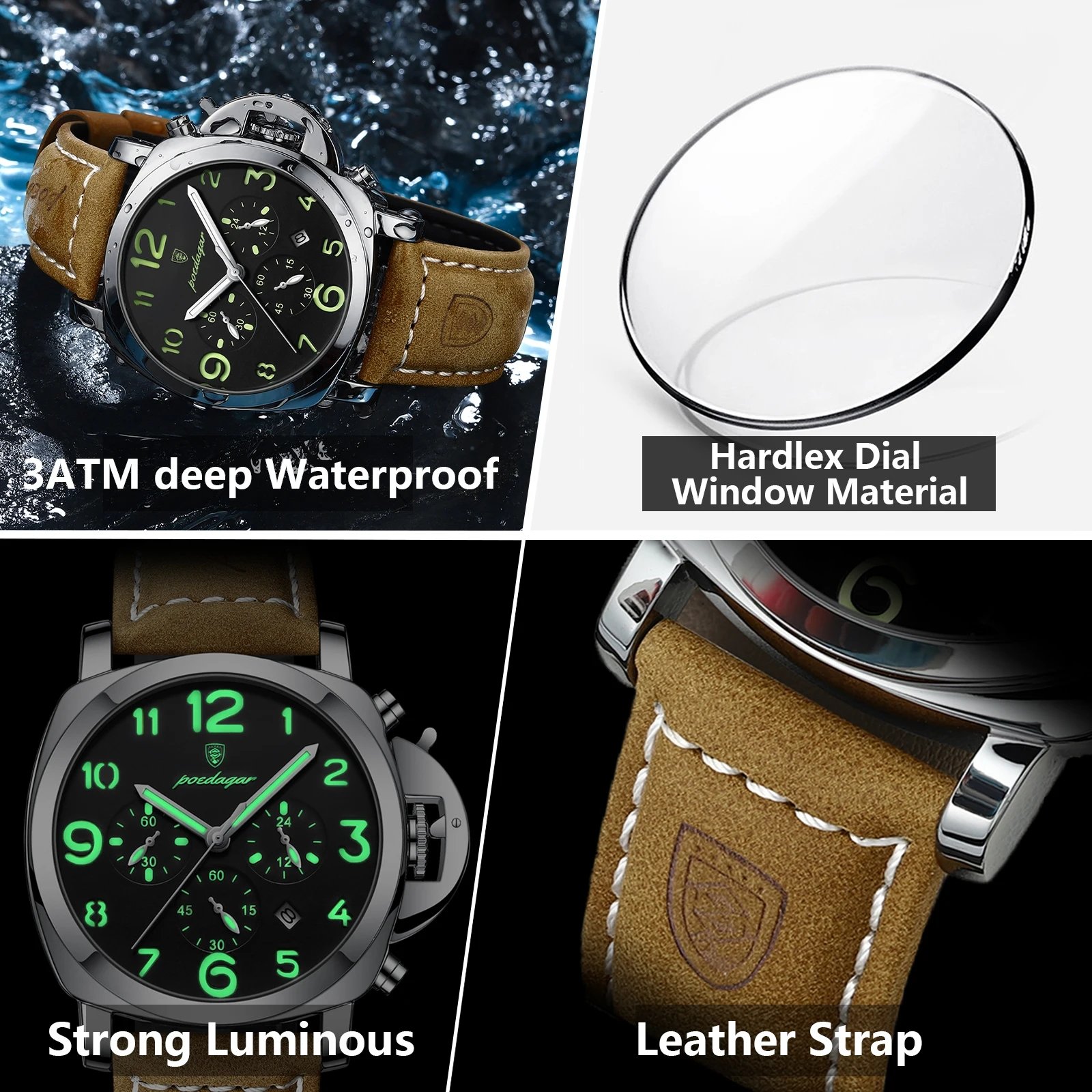 POEDAGAR Luxury Sports Watch for Man Leather Quartz Men's Watches Waterproof Luminous Date Chronograph Men Watch Reloj 859