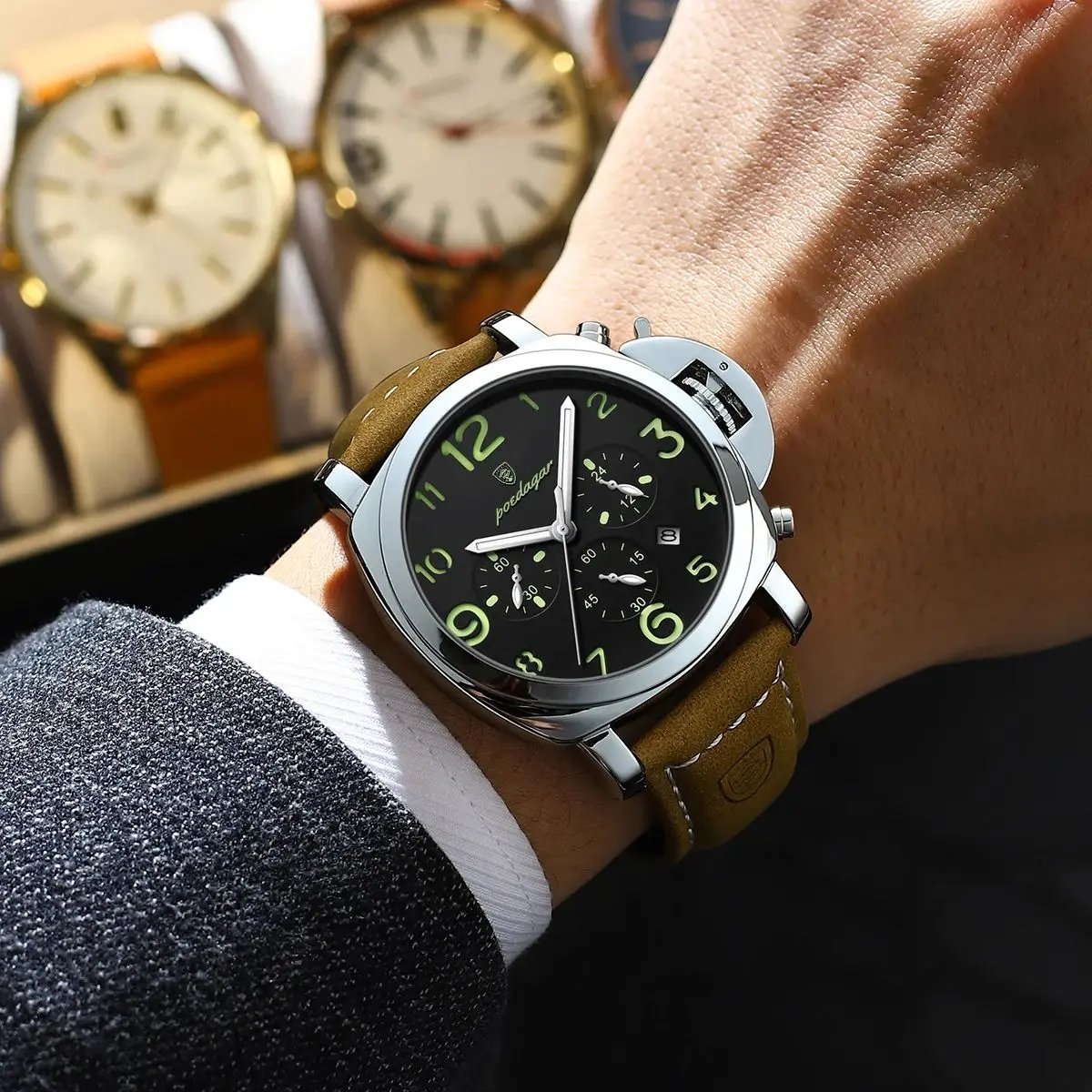 POEDAGAR Luxury Sports Watch for Man Leather Quartz Men's Watches Waterproof Luminous Date Chronograph Men Watch Reloj 859