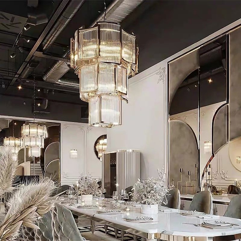 3 Layers Modern Gold Round Hanging Lamp Hotel Lobby Stair Long Crystal Chandelier