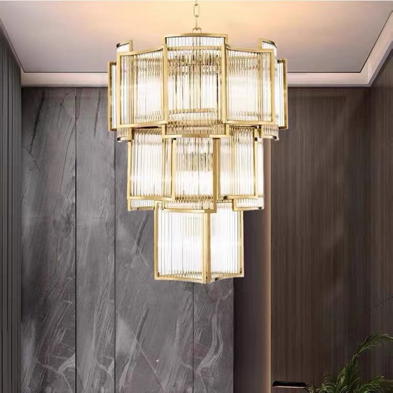 3 Layers Modern Gold Round Hanging Lamp Hotel Lobby Stair Long Crystal Chandelier