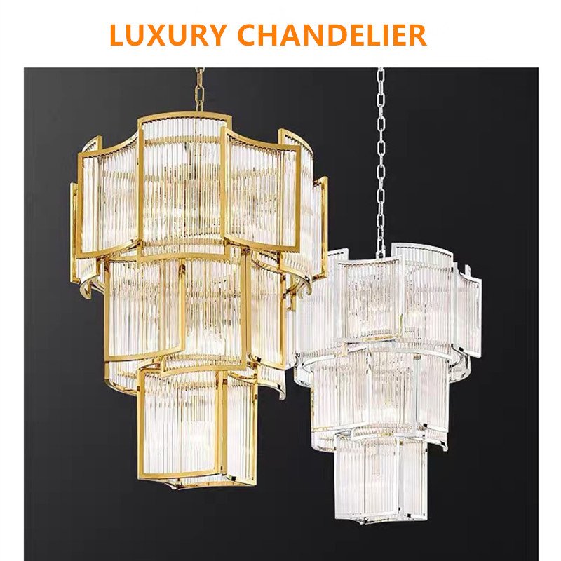 3 Layers Modern Gold Round Hanging Lamp Hotel Lobby Stair Long Crystal Chandelier