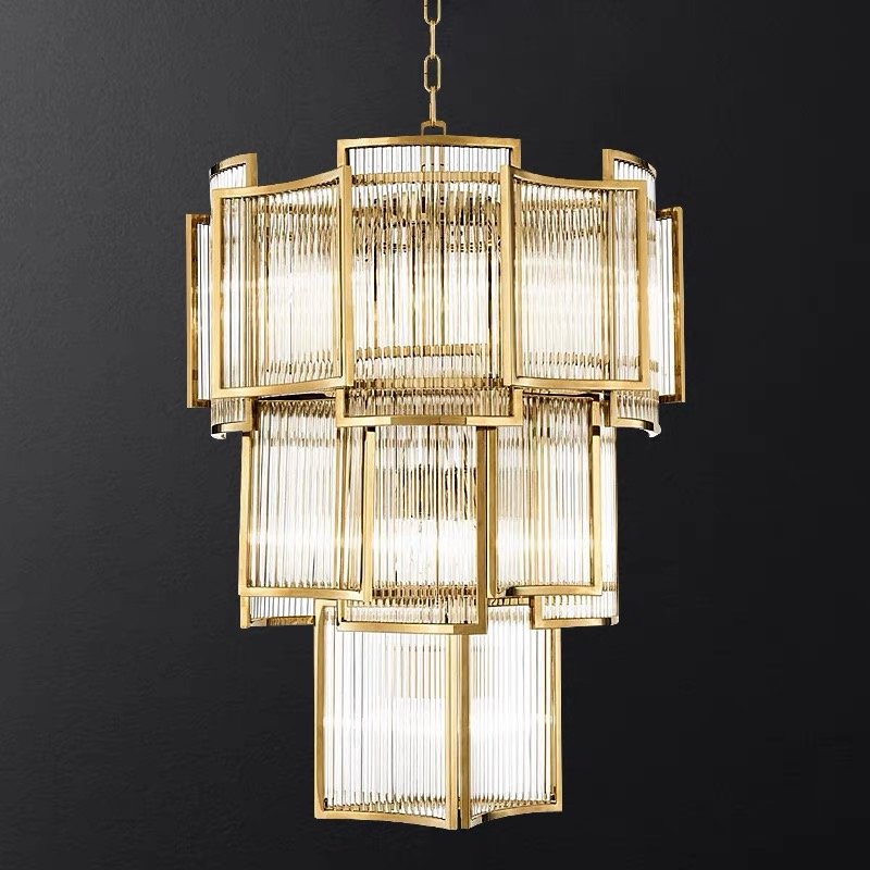 3 Layers Modern Gold Round Hanging Lamp Hotel Lobby Stair Long Crystal Chandelier