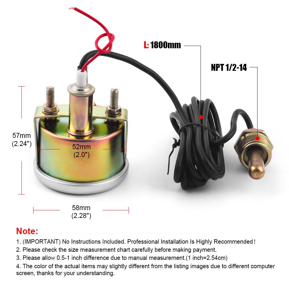 2\" 52mm Mechanical 12V Auto Meter NPT 1/2-14 Car Water Temp Gauge 38-121℃/100-250℉ Water Temperature Vacuum Gauge with Sensor